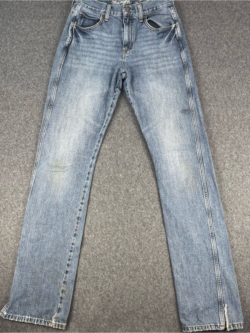 Wrangler Retro Jeans Mens 29x36 Blue Slim Straight Leg Medium Wash Distressed